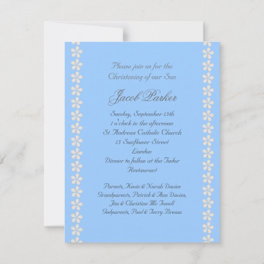 男の赤ちゃんの《キリスト教》洗礼式や命名式の招待、青、白いポルカ 招待状 (裏面)