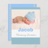 男の赤ちゃんの《キリスト教》洗礼式や命名式の招待、青、白いポルカ 招待状 (正面/裏面)