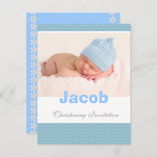 男の赤ちゃんの《キリスト教》洗礼式や命名式の招待、青、白いポルカ 招待状 (正面/裏面)