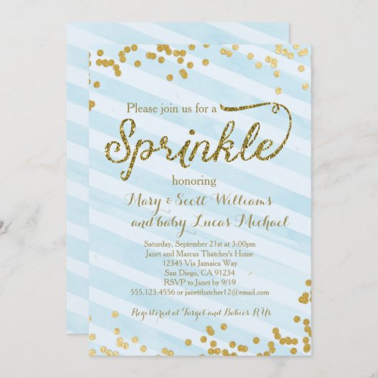 男の赤ちゃんはシャワーの招待状の青の金ゴールドを振りかけます 招待状 (正面/裏面)