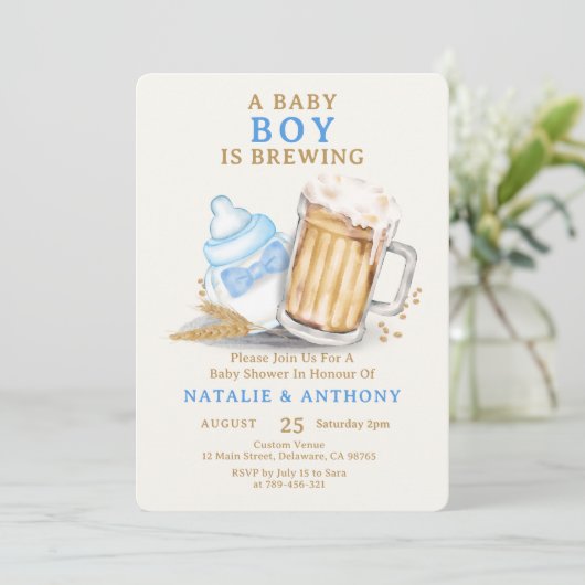 男の赤ちゃんはブルーボウタイ赤ちゃんシャワー 招待状 (スタンド正面)