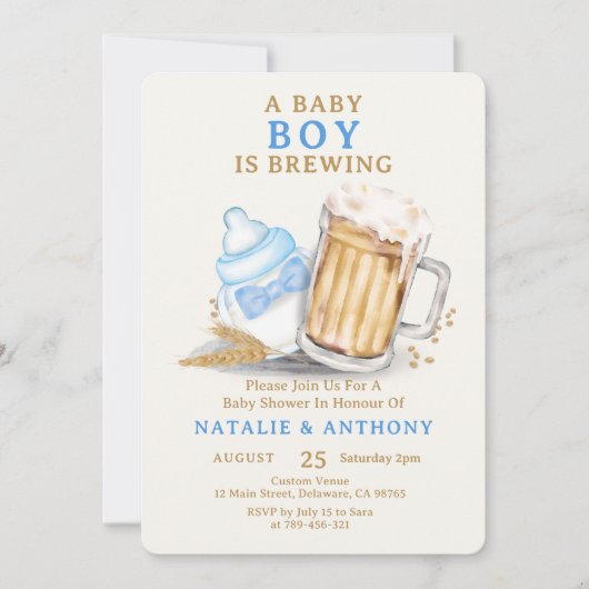 男の赤ちゃんはブルーボウタイ赤ちゃんシャワー 招待状 (正面)