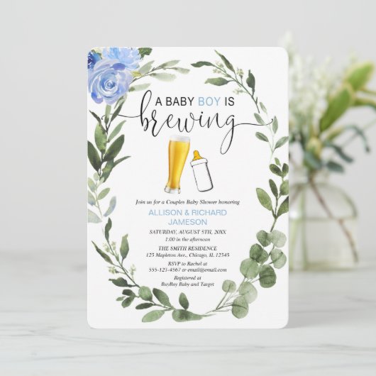 男の赤ちゃんは醸造の緑のカップルの赤ちゃんシャワー 招待状 (スタンド正面)