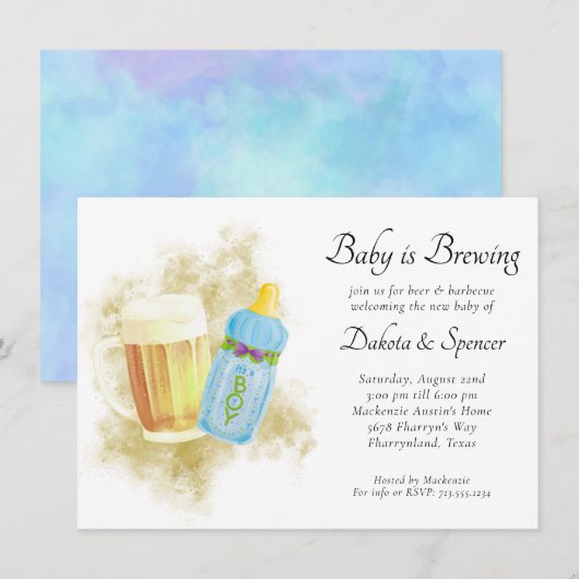 男の赤ちゃんは醸造 | Blue Summer Outdoor Shower 招待状 (正面/裏面)