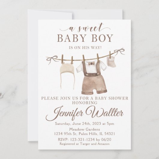 男の赤ちゃんぶら下がったの衣服の赤ちゃんシャワーの招待 招待状 (正面)