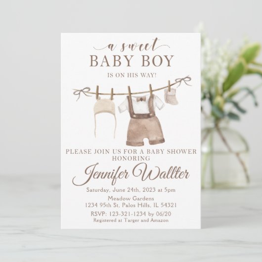 男の赤ちゃんぶら下がったの衣服の赤ちゃんシャワーの招待 招待状 (スタンド正面)