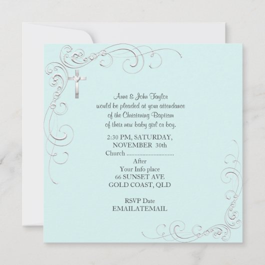 男の赤ちゃんまたはガールブルー《キリスト教》洗礼式や命名式バプティスクロス 案内状 (裏面)