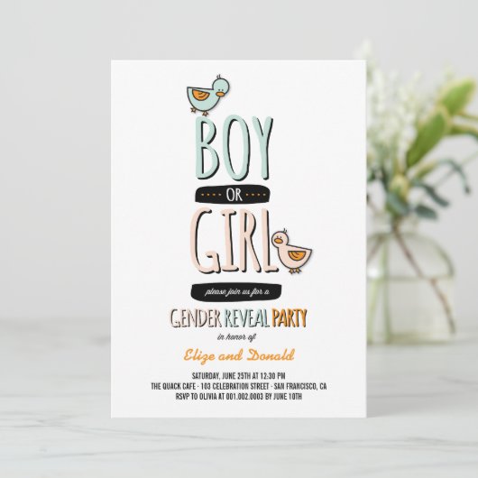 男の赤ちゃんまたは女の子のアヒルの性はパーティーの招待を明らかにします 招待状 (スタンド正面)