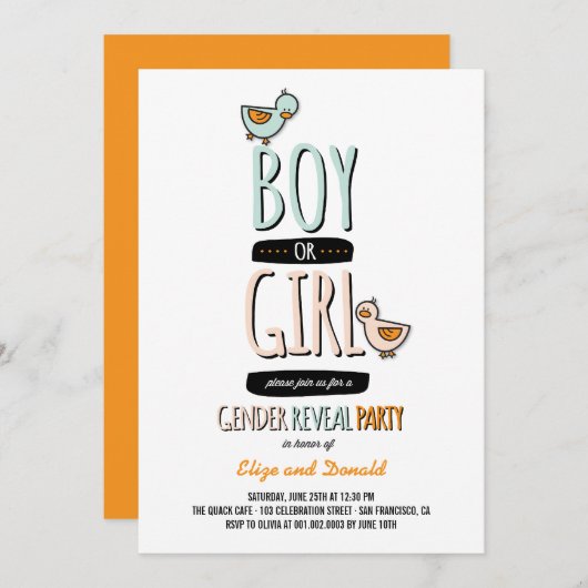 男の赤ちゃんまたは女の子のアヒルの性はパーティーの招待を明らかにします 招待状 (正面/裏面)