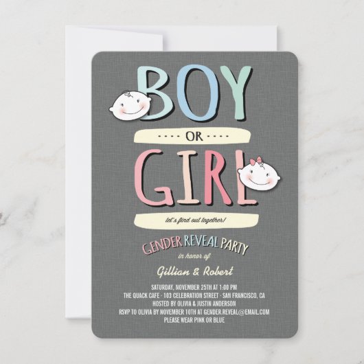 男の赤ちゃんまたは女の子ピンクブルージェンダーの表示パーティー 招待状 (正面)