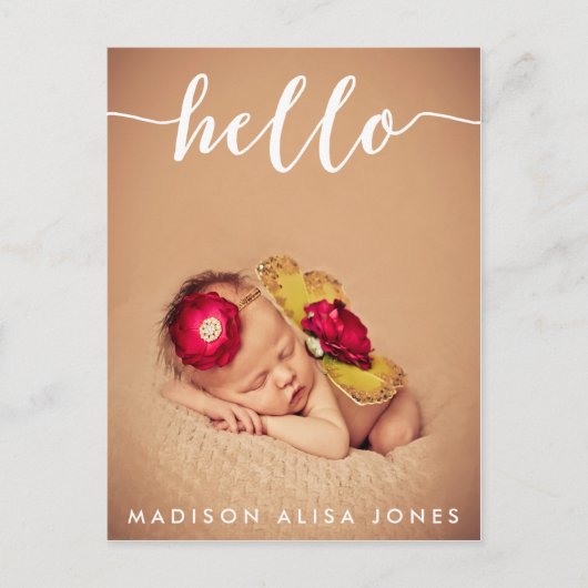 男の赤ちゃんまたは女の子Hello写真の誕生発表 案内ポストカード (正面)