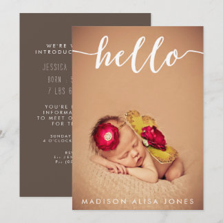 男の赤ちゃんまたは女の子Hello Photo Birth Announcements 招待状