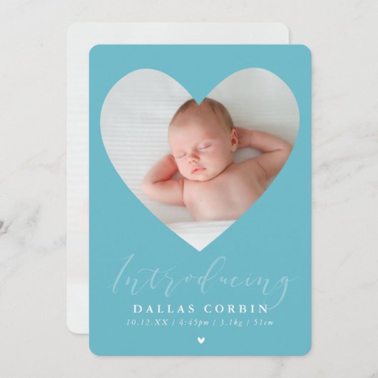 男の赤ちゃんを紹介かわいいハートフレームaqua 招待状 (正面/裏面)