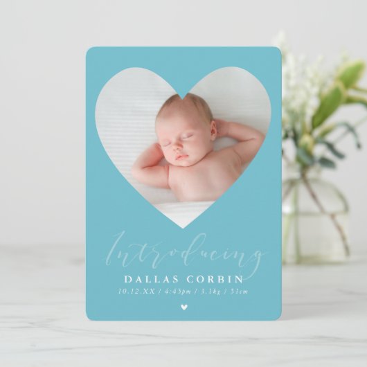 男の赤ちゃんを紹介かわいいハートフレームaqua 招待状 (スタンド正面)