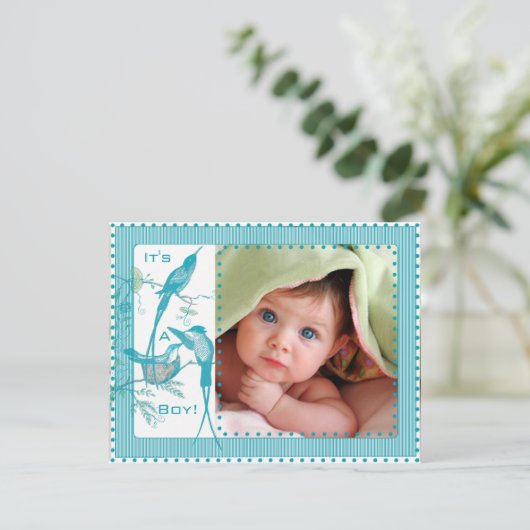 男の赤ちゃんアクアヴィンテージバード写真発表 案内状 (スタンド正面)