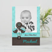 男の赤ちゃんアナウンス招待状ケーキポップブルーV 案内状 (スタンド正面)