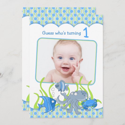 男の赤ちゃんアンダーザシーマンガ誕生日招待状 招待状 (正面/裏面)