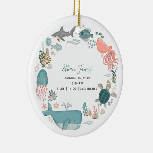 男の赤ちゃんアンダーザシー誕生統計キープサケ セラミックオーナメント (右)