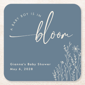 男の赤ちゃんイン開花- Dusty Blue Baby Shower Coaster スクエアペーパーコースター