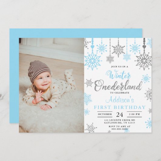 男の赤ちゃんウィンターワンダーランドファースト誕生日写真 招待状 (正面/裏面)