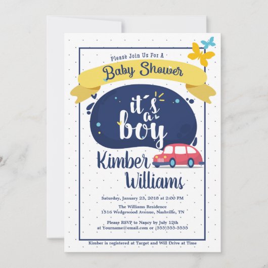 男の赤ちゃんウェルカムシャワー 招待状 (正面)