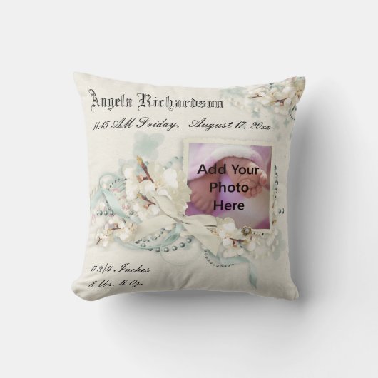 男の赤ちゃんエレガントまたは女の子スクラップブックのフォトフレーム クッション (正面)