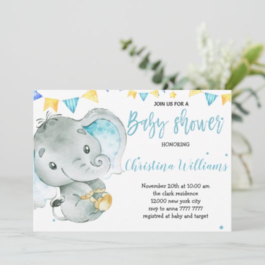 男の赤ちゃんエレファントキュートベビーシャワー 招待状 (スタンド正面)
