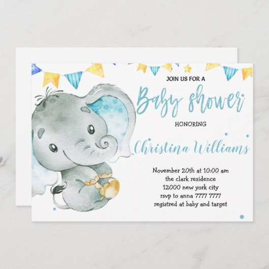 男の赤ちゃんエレファントキュートベビーシャワー 招待状 (正面/裏面)