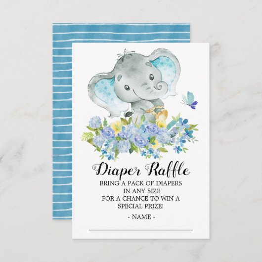 男の赤ちゃんエレファントシャワーおむつラッフルチケット エンクロージャーカード (正面/裏面)
