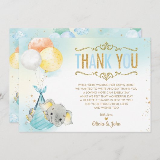 男の赤ちゃんエレファントバルーンベビーシャワースプリンクル サンキューカード (正面/裏面)