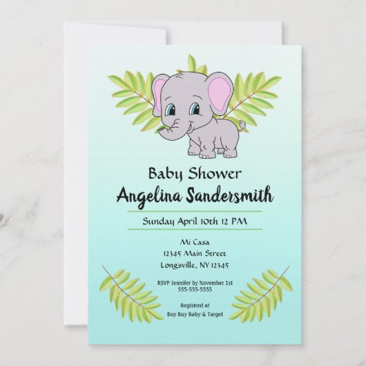 男の赤ちゃんエレファントブルーグラデーションカウトベビーシャワー 招待状 (正面)