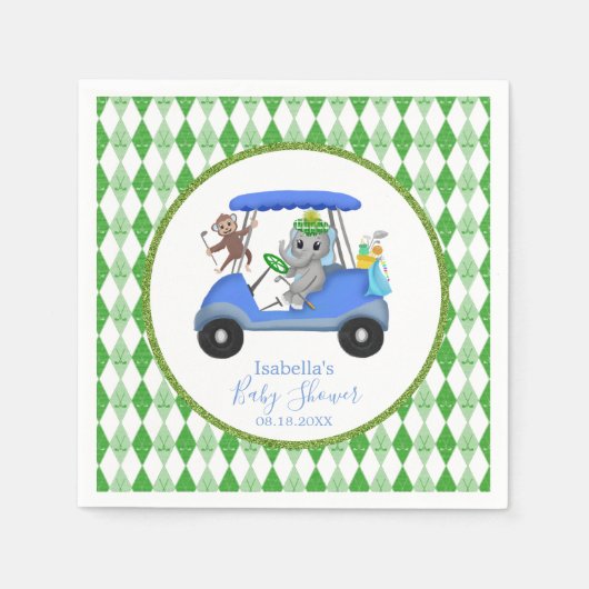 男の赤ちゃんエレファント&モンキーゴルフ スタンダードカクテルナプキン (正面)