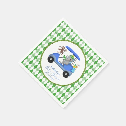 男の赤ちゃんエレファント&モンキーゴルフ スタンダードカクテルナプキン (角)