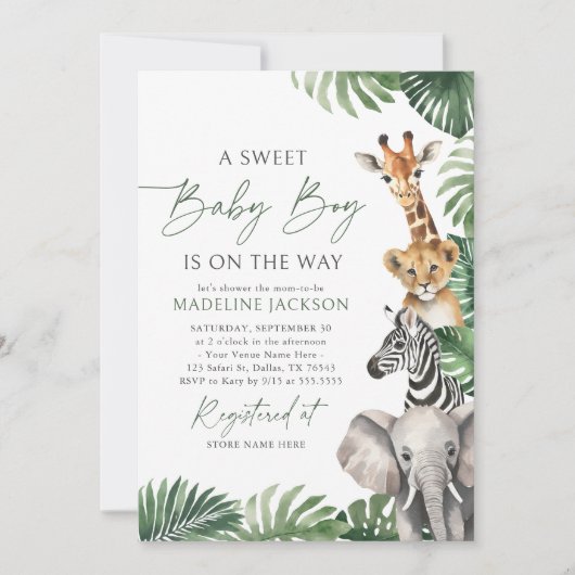 男の赤ちゃんオンザウェイサファリベイビーシャワー 招待状 (正面)