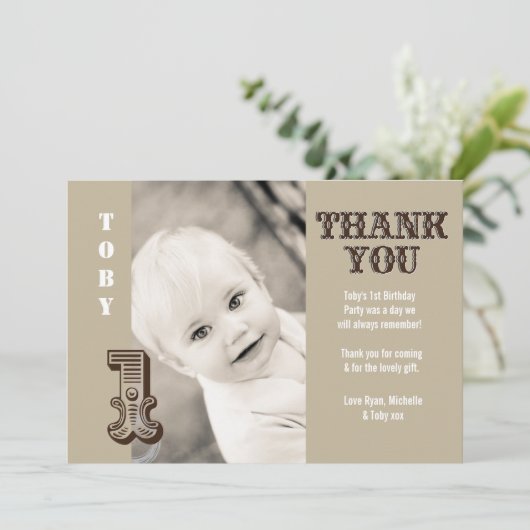 男の赤ちゃんカウボーイ1st誕生日ありがとうフォトカード サンキューカード (スタンド正面)