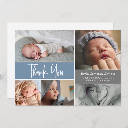 男の赤ちゃんカスタムほこりっぽいブルーシャワー写真 サンキューカード (正面/裏面)
