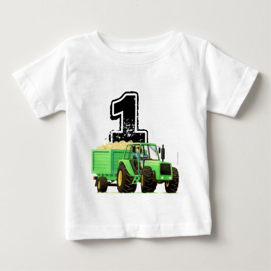 男の赤ちゃんカスタムグリーントラクター1st誕生日 ベビーTシャツ (正面)