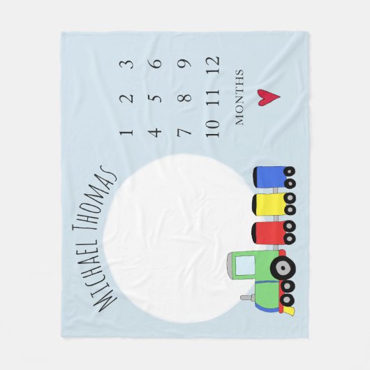男の赤ちゃんカラフルトレーニングと名前の月次マイルストーン フリースブランケット (正面)