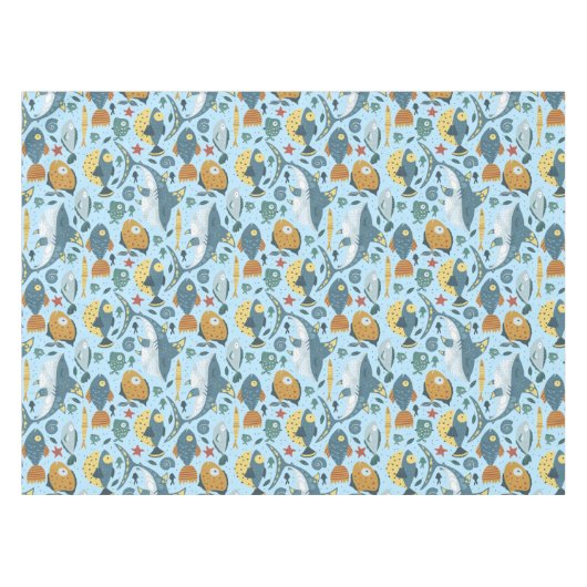 男の赤ちゃんカラフルバースデーパーティードコーシーシャーク テーブルクロス (正面(横))