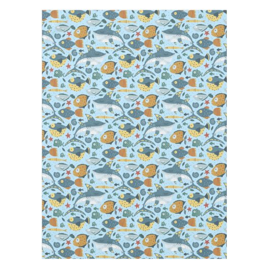 男の赤ちゃんカラフルバースデーパーティードコーシーシャーク テーブルクロス (正面)