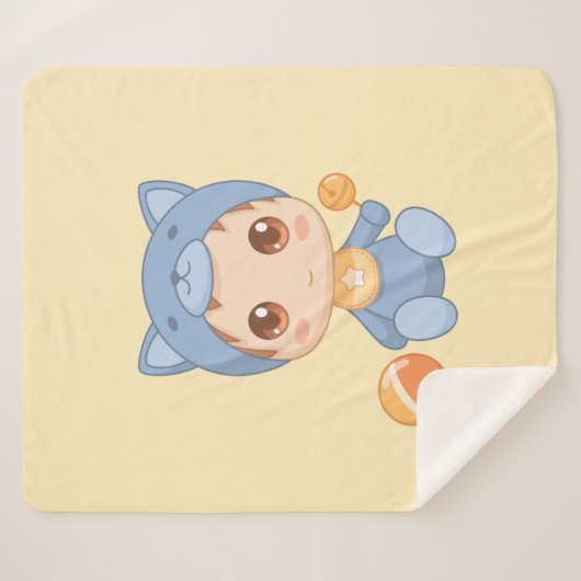 男の赤ちゃんガールキャットジャンプスーツイエロー シェルパブランケット (正面(横))