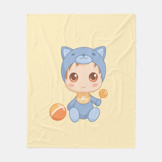 男の赤ちゃんガールキャットジャンプスーツイエロー フリースブランケット (正面)