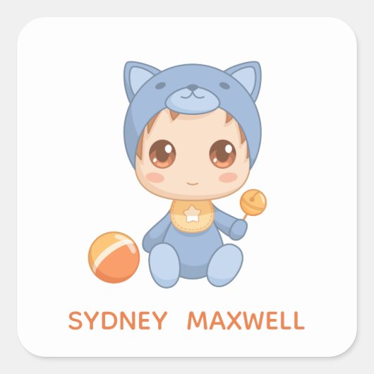 男の赤ちゃんガールキャットジャンプスーツ名前をカスタムする スクエアシール (正面)