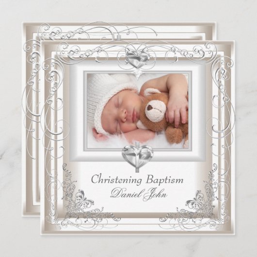 男の赤ちゃんガールクリーム《キリスト教》洗礼式や命名式バプティスクロス 招待状 (正面/裏面)