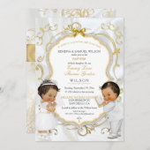 男の赤ちゃんガールツインズバプテスマ《キリスト教》洗礼式や命名式コミューニオン 招待状 (正面/裏面)