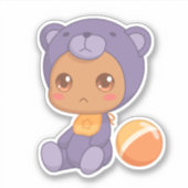 男の赤ちゃんガールパープルベアージャンプスーツ シール (正面)