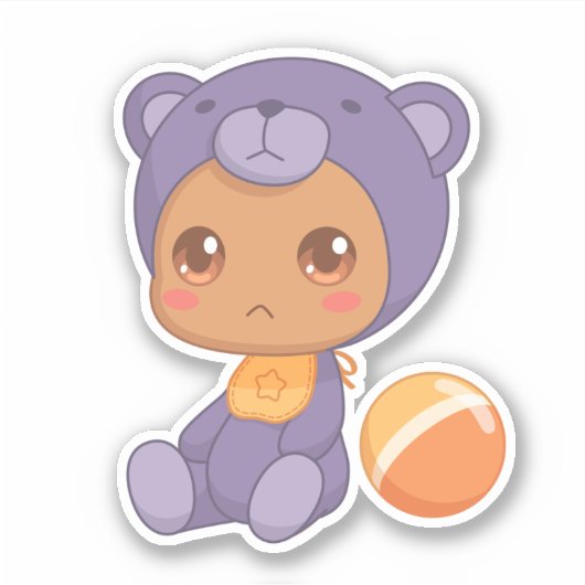 男の赤ちゃんガールパープルベアージャンプスーツ シール (正面)