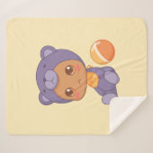 男の赤ちゃんガールパープルベアージャンプスーツonイエロー シェルパブランケット (正面(横))