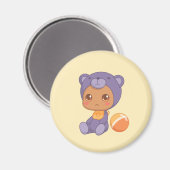 男の赤ちゃんガールパープルベアージャンプスーツonイエロー マグネット (正面/裏面)