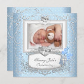 男の赤ちゃんガールブルー《キリスト教》洗礼式や命名式バプティスクロスカホワイト 招待状 (正面/裏面)